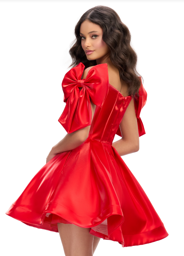 Turn heads in the playful and flirty Ashley Lauren 4788 cocktail dress. The unique corset bodice, off-the-shoulder design, and bow straps add a touch of fun to this A-line dress. Perfect for any special occasion, the short skirt will have you dancing the night away (and looking fabulous!