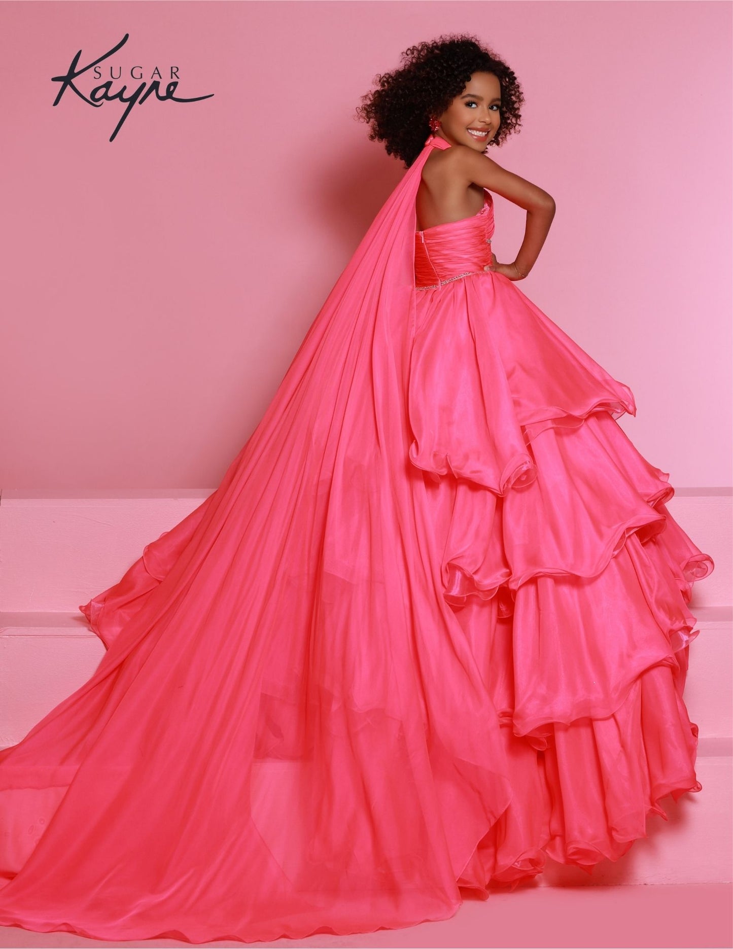 Sugar Kayne C305 Barbie Pink Ruffled Layers Girls Preteens Pageant Dress Ball Gown Cape Halter Formal Dress back with cape