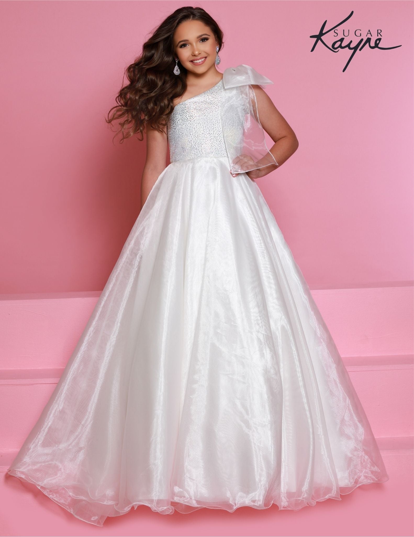 Sugar Kayne C310 White Girls and Preteens Pageant Dress Preteens Gown One Shoulder Bow front