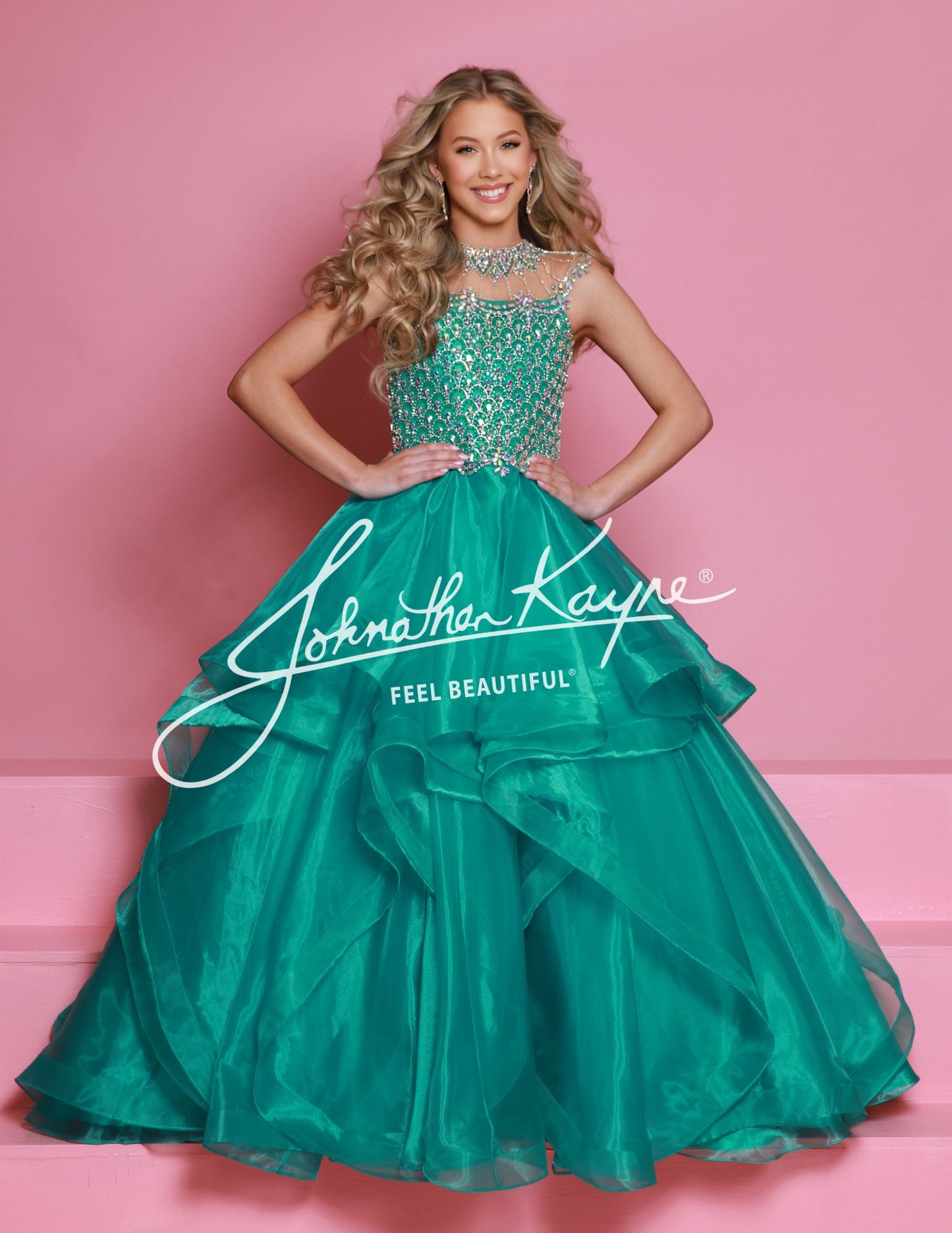 Sugar Kayne C354 Girls Pageant Ballgown Dress Crystal Bodice Layered Organza Skirt Cap sleeve