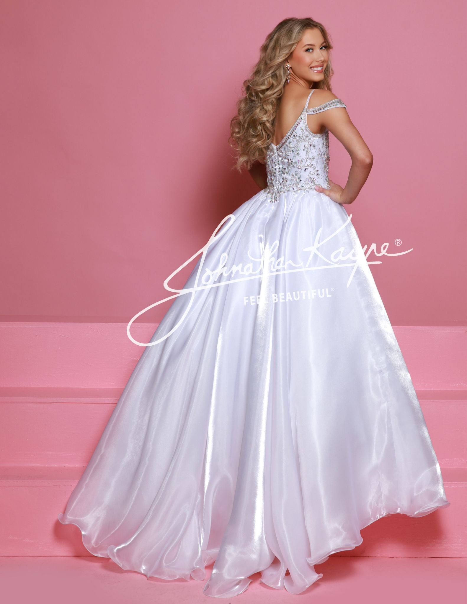 Sugar Kayne C365 Mirror Organza Girls Pageant Dress Off the Shoulder Straps Embellished BodiceElevate your child's pageant look with the Sugar Kayne C365 Organza Girls Pageant Dress. The off-the-shoulder design and crystal bodice add a touch of elegance and sparkle. Made from high-quality organza, this formal gown is not only beautiful but also comfortable for your little one to wear. Perfect for any pageant or special event.