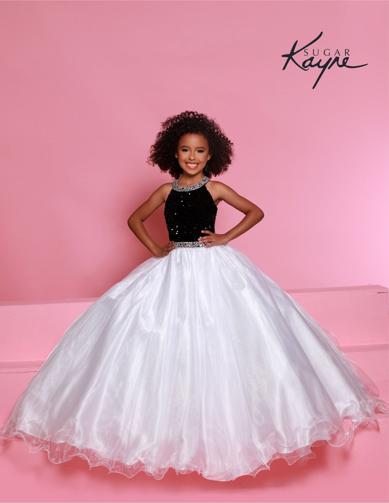 Sugar Kayne C321 Black White Velvet Sequin High neck Girls Pageant Dress Shimmer Ball gown