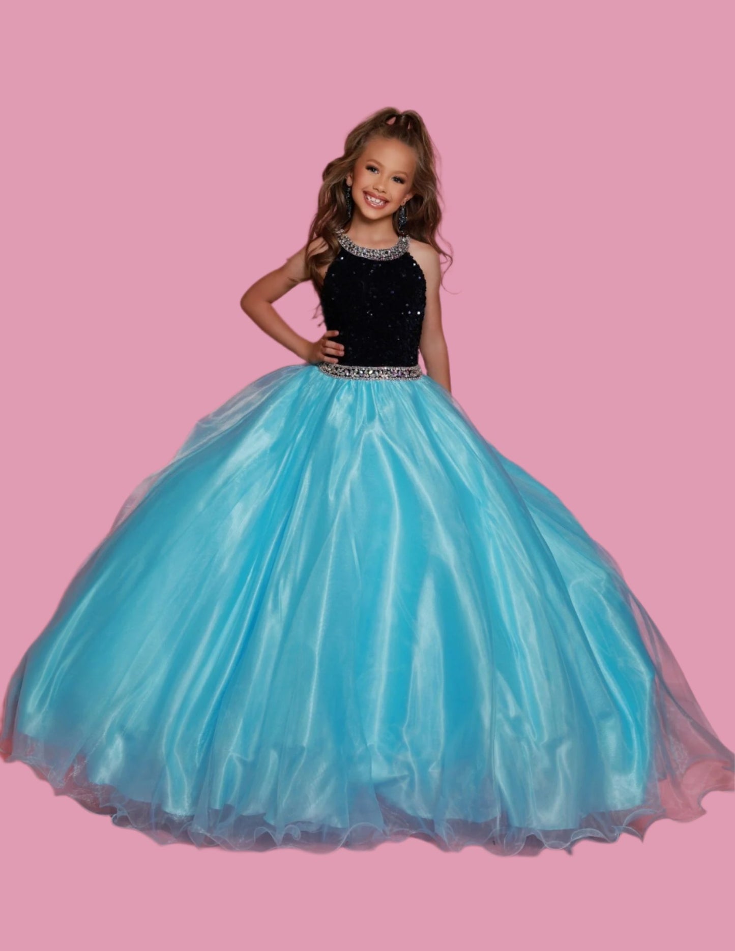 Sugar Kayne C321 Navy Ice Blue Velvet Sequin High neck Girls Pageant Dress Shimmer Ball gown