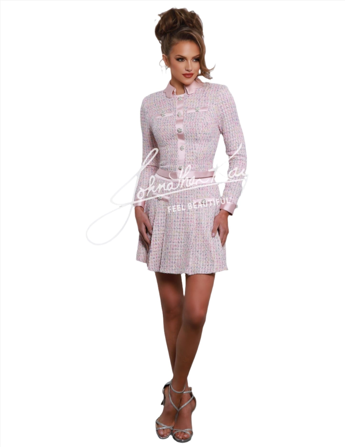 Perfect for interviews, pageants, and any formal occasion, the Johnathan Kayne 2980 Tweed two piece dress exudes professionalism and sophistication. The long sleeves and collar add a touch of elegance while the button closure ensures a secure fit.