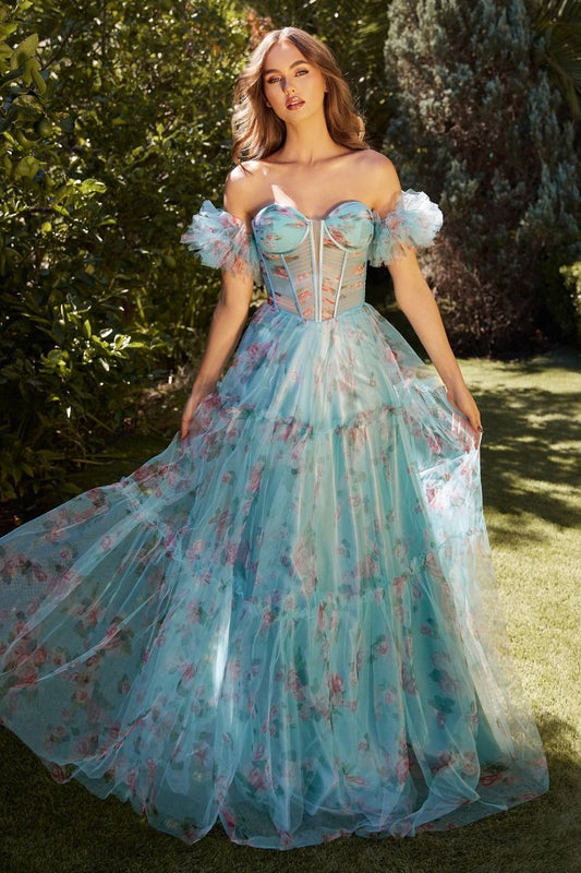 This stunning prom dress by Andrea & Leo Couture features a beautiful floral print, a sheer corset bodice for a touch of sensuality, and a flattering A-line silhouette. The puff sleeves and V-neckline add a touch of romance to this elegant design. Perfect for any special occasion, this dress is sure to make you feel confident and beautiful. Step into a dream with this off-the-shoulder floral printed tulle A-line dress—a whimsical ode to the enchanting world of cottage core