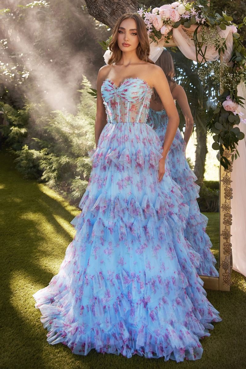 Take center stage in the Andrea & Leo Couture A1334 Floral Pint Pleated Ruffle A Line Prom Dress. The sheer corset and pleated ruffle details add a touch of elegance to this A-line gown. Perfect for formal events, this dress is sure to make you stand out from the crowd. Behold the whimsical allure of this strapless A-line dress! 