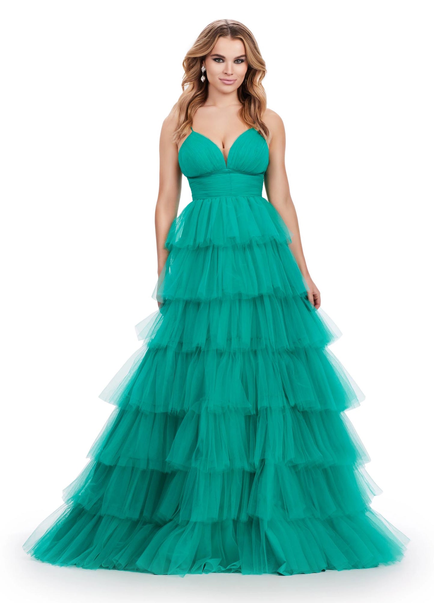 Ashley Lauren 11622 Long Layered Tulle A Line Prom Dress Formal Ballgown V Neck This tulle ball gown features a tiered design and ruched bustier. The look is complete with spaghetti straps and a sweetheart neckline.  COLORS: Electric Coral, Orchid, Jade, Hot Pink Sizes: 0-24