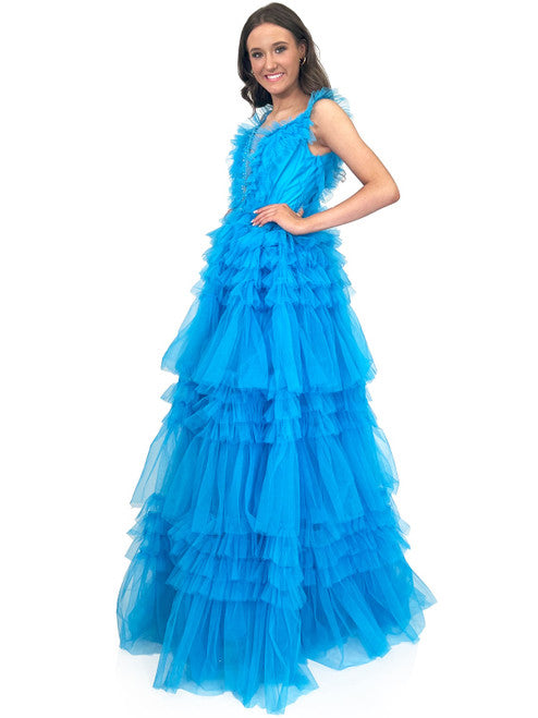 The Marc Defang 8092 Prom Dress is perfect for any ballroom. With its V neckline, long tulle layered ruffles, and sparkling crystal detail, it is sure to make you the center of attention. Its comfortable fit and luxe fabric makes it the ideal choice for a special occasion.  Sizes: 00-16  Colors: Hot Pink, Aqua, White, Royal, Red