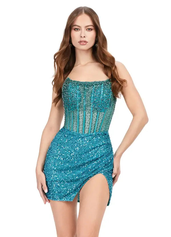 Ashley Lauren 4564 Beaded Cocktail Dress with Exposed Boning turquoise