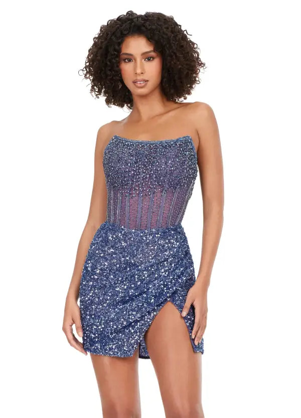 Ashley Lauren 4564 Cocktail Dress Short Sheer Beaded Maxi