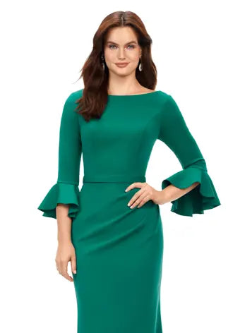 Ashley Lauren 11325 Crew Neck Three Quarter Flutter Sleeves Ruched Skirt Fitted Gown. This timeless and elegent evening gown features flutter three quarter sleeves. The skirt is adorned with ruching and finished with a sweep train.