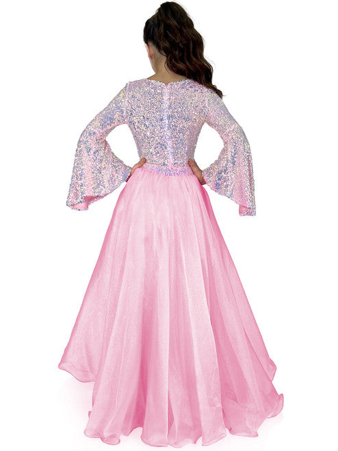 Marc Defang 8004K Sequin Bell Sleeve Pageant Jumpsuit Overskirt Fun Fashion   Price is inclusive of overskirt  Fully beaded jumpsuit Bell sleeve Option of matching overskirt Knitted inner comfort lining  Available Sizes: 4-14  Available Colors: Baby Pink, Light Purple, Light Orange, Mint