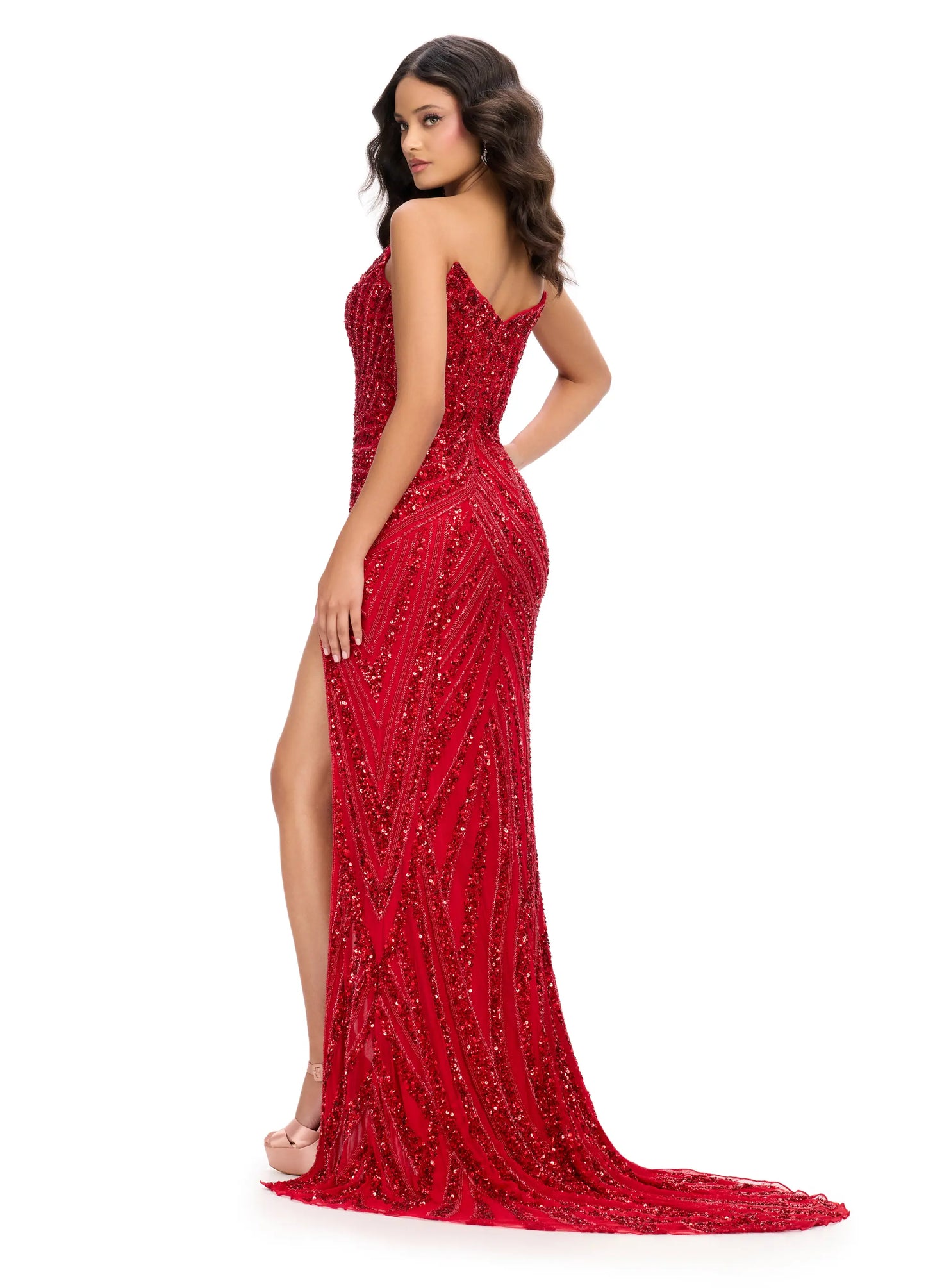 Ashley Lauren 11236 Long Fitted V Neck Slit Beaded Sequin Prom Dress Pageant Gown