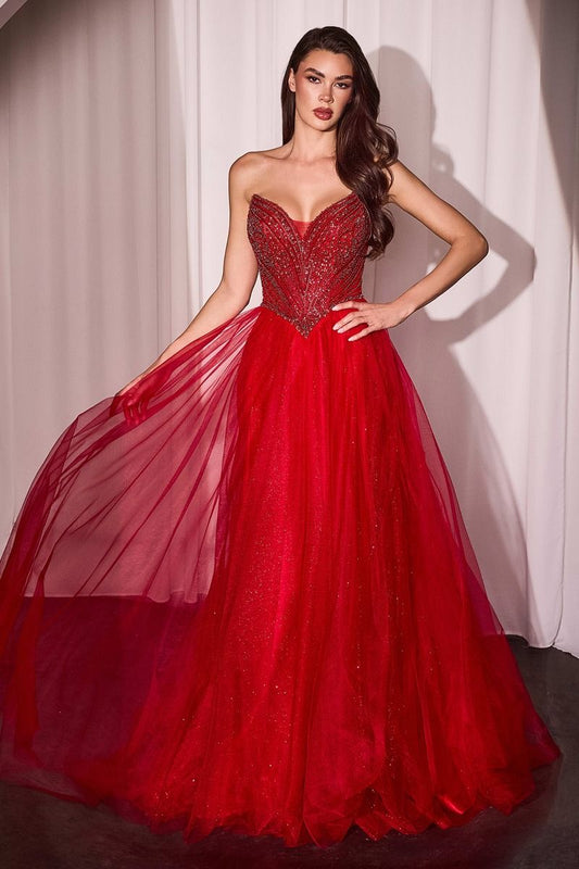 Elevate your prom look with the Ladivine CC415 V Neck Corset Prom Dress. This stunning gown features a beaded bodice and shimmering A Line skirt for a touch of glamour. The sheer neckline and corset back add a hint of sexy to this classic ballgown. Perfect for a formal occasion. Step into the spotlight in this enchanting A-line dress, featuring a pointed strapless neckline and exquisite beaded details that catch the light beautifully. The fitted bodice with a princess waistline accentuates your figure, whil