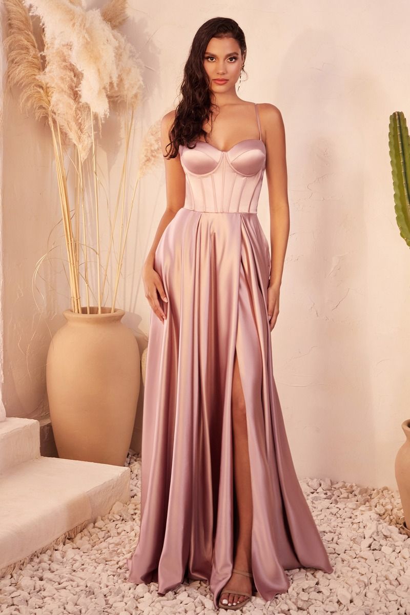 Expertly crafted in premium satin fabric, this Ladivine CD337 dress is the epitome of elegance and style. The A-line silhouette, corset bodice, and thigh-high slit create a flattering and sophisticated look. Perfect for formal occasions, this dress is the ideal choice for bridesmaids, prom, and evening events. Make a statement in this timeless satin A-line bustier dress. Bridesmaid