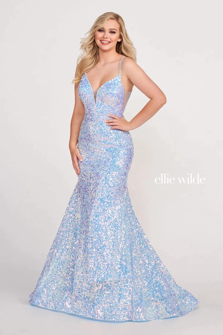 Look sophisticated and graceful in Ellie Wilde EW34016. The signature Iridescent color shifting sequins and mermaid silhouette make this timeless corset dress a perfect choice for a formal occasion. Captivate everyone in the room with its sparkling iridescent material and backless v-neckline.  Sizes: 00-20  Colors: ORANGE, LIGHT BLUE, HOT PINK, IRIS, FOREST LIGHT, PURPLE RAIN  https://dy9ihb9itgy3g.cloudfront.net/static/themes/EllieWilde/Spring_2023/EW34016.mp4