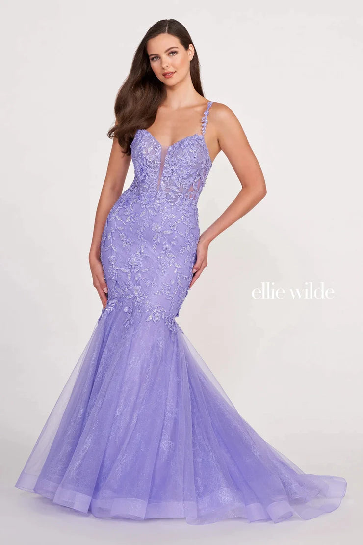 Look stunning in this long Ellie Wilde EW34085 Prom Dress with its lace shimmer bodice and beaded lace glitter mermaid trumpet skirt. The plunging neckline adds a daring touch and makes this dress perfect for your formal occasion.  Sizes: 00-24  Colors: ORANGE, LIGHT BLUE, EMERALD, LAVENDER