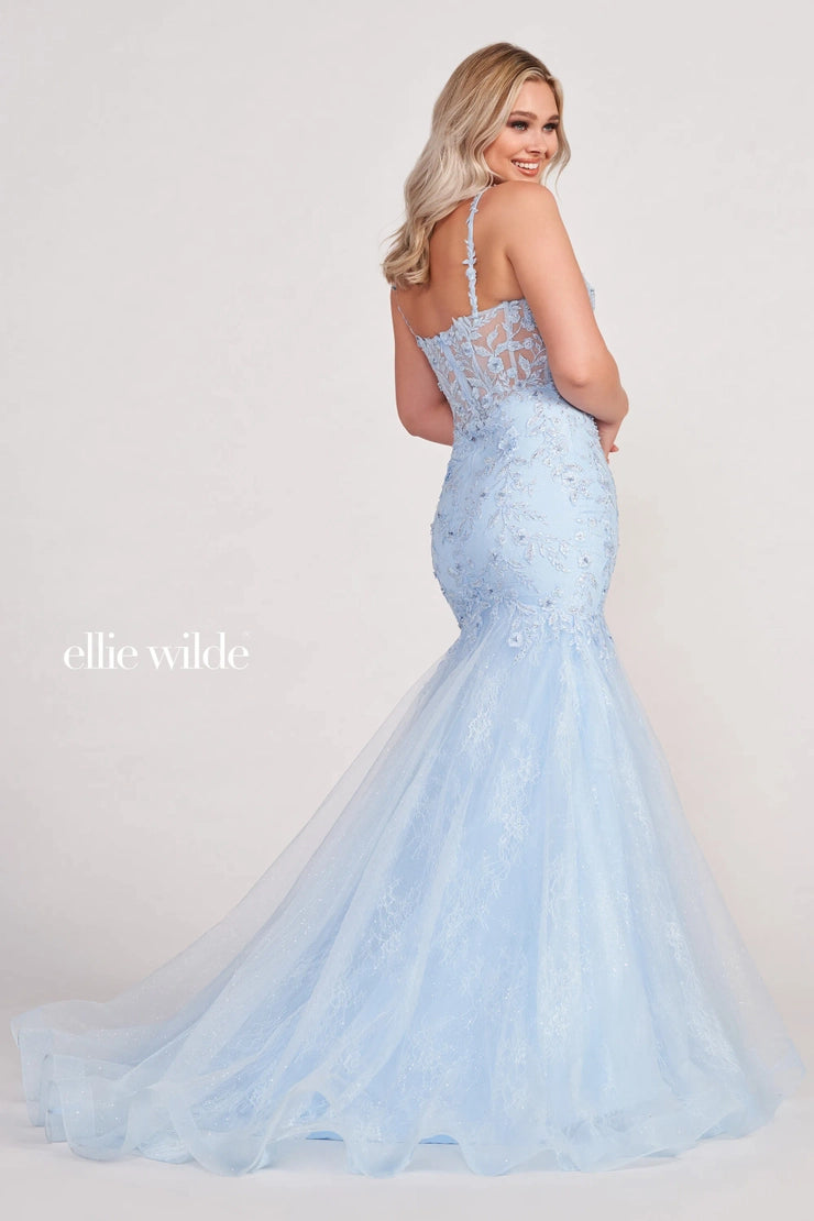 Look stunning in this long Ellie Wilde EW34085 Prom Dress with its lace shimmer bodice and beaded lace glitter mermaid trumpet skirt. The plunging neckline adds a daring touch and makes this dress perfect for your formal occasion.  Sizes: 00-24  Colors: ORANGE, LIGHT BLUE, EMERALD, LAVENDER