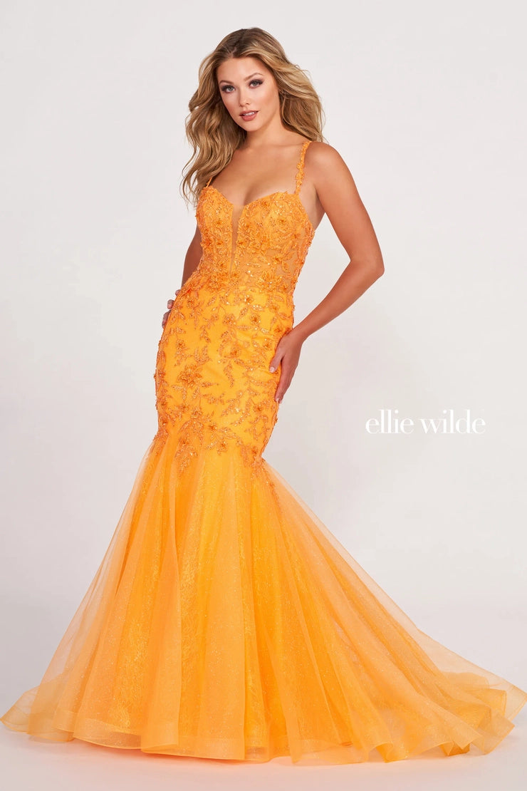 Look stunning in this long Ellie Wilde EW34085 Prom Dress with its lace shimmer bodice and beaded lace glitter mermaid trumpet skirt. The plunging neckline adds a daring touch and makes this dress perfect for your formal occasion.  Sizes: 00-24  Colors: ORANGE, LIGHT BLUE, EMERALD, LAVENDER