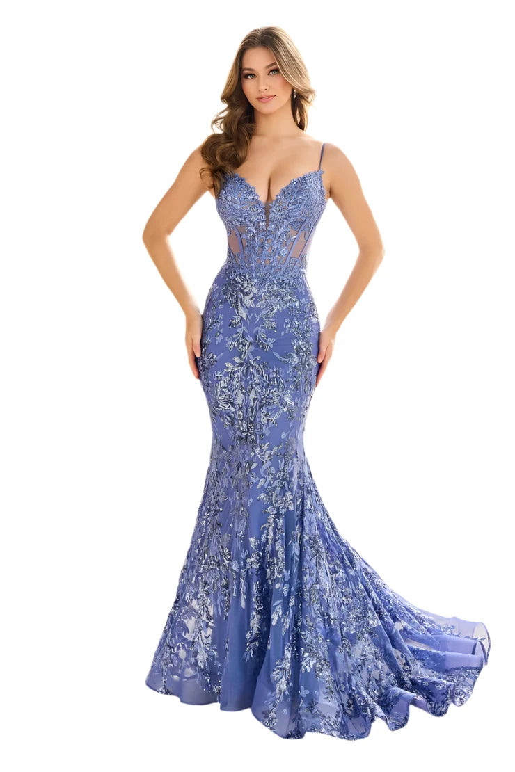 Expertly designed by Ellie Wilde, the EW36003 Sheer Corset Sequin Mermaid Backless Prom Dress is a stunning and luxurious choice for any formal event. The sheer corset beautifully accentuates the figure while the sequin detailing adds a touch of glamour. With its backless design, this elegant gown is perfect for a pageant or evening affair.