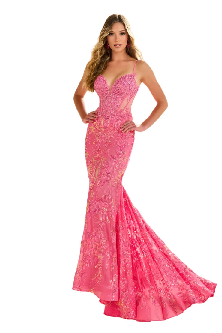 Expertly designed by Ellie Wilde, the EW36003 Sheer Corset Sequin Mermaid Backless Prom Dress is a stunning and luxurious choice for any formal event. The sheer corset beautifully accentuates the figure while the sequin detailing adds a touch of glamour. With its backless design, this elegant gown is perfect for a pageant or evening affair.