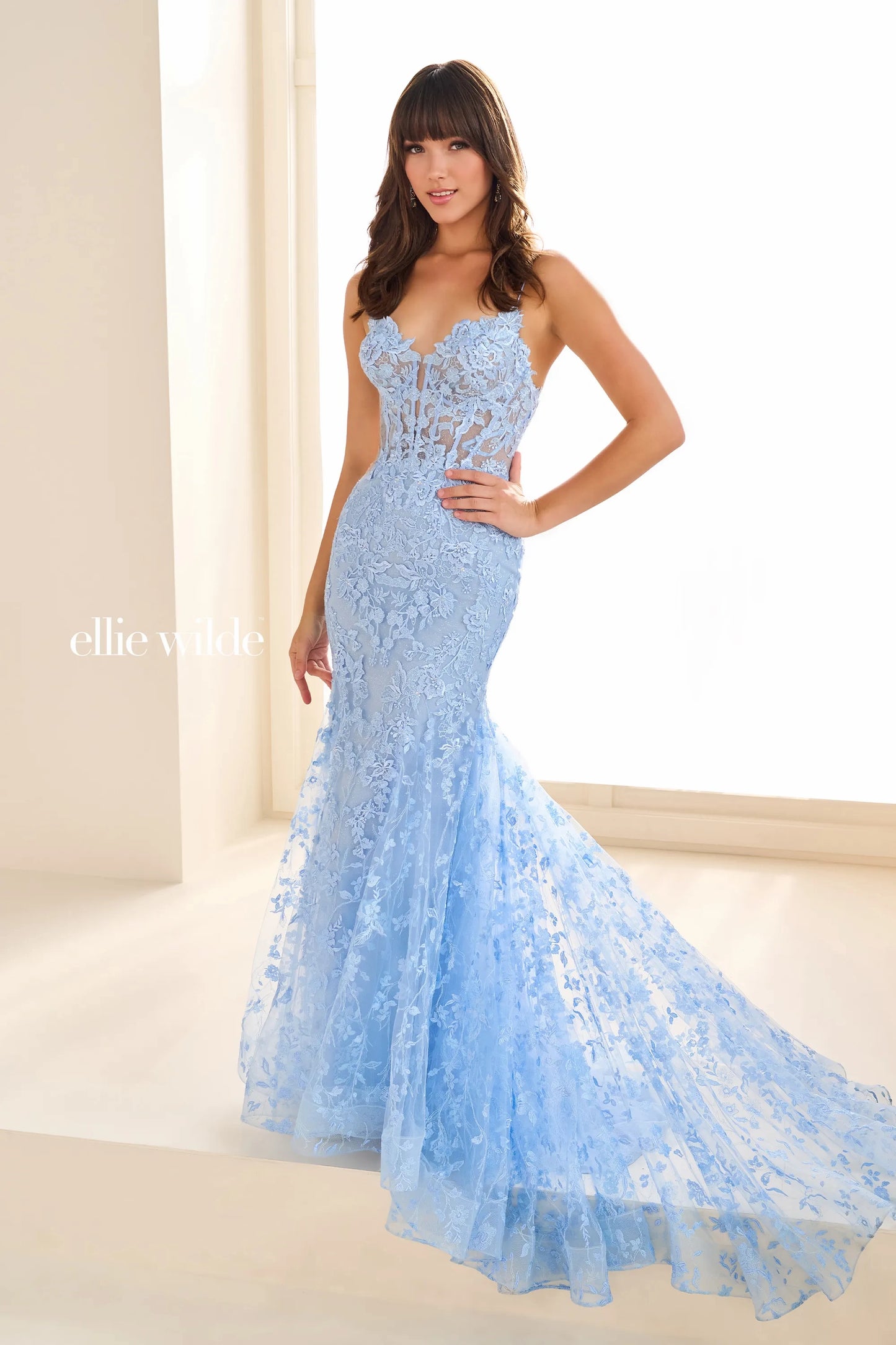 Expertly designed by Ellie Wilde, the EW36009 Long Sheer Lace Corset Prom Dress is the ultimate choice for any formal occasion. Featuring a stunning mermaid silhouette and delicate lace detailing, this gown is sure to turn heads. The corset bodice offers a flattering fit, making you feel confident and beautiful all night long. Perfect for prom, pageants, or any special event, this dress is a must-have for any fashion-forward individual.