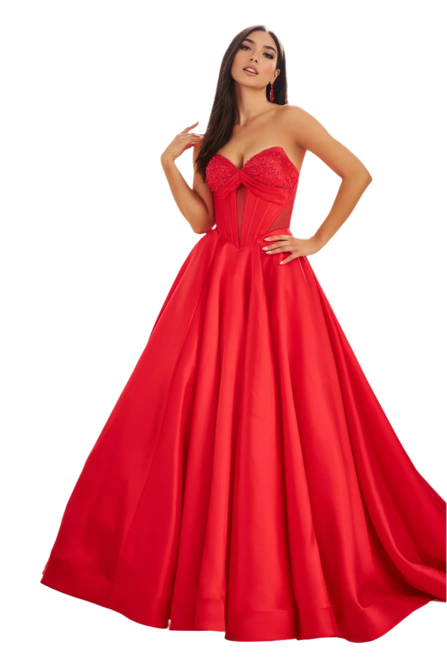 This Ellie Wilde EW36025 prom dress features a stunning A-line silhouette with sheer ballgown detailing and a corset back for a perfect fit. The dress also includes convenient pockets and cut-out design, making it both fashionable and functional for any pageant or formal event.