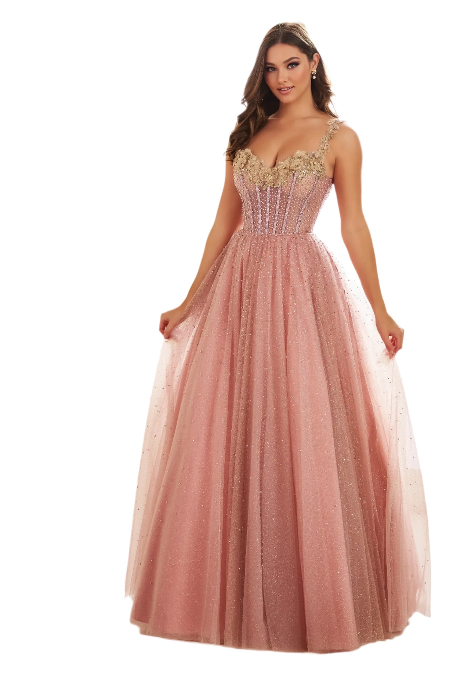 Be the belle of the ball in the Ellie Wilde EW36071 prom dress. This long A line gown features a sheer lace corset bodice and elegant off the shoulder neckline. Perfect for any formal event, this dress will make you feel confident and beautiful. Crystals scattered through tulle a line skirt.