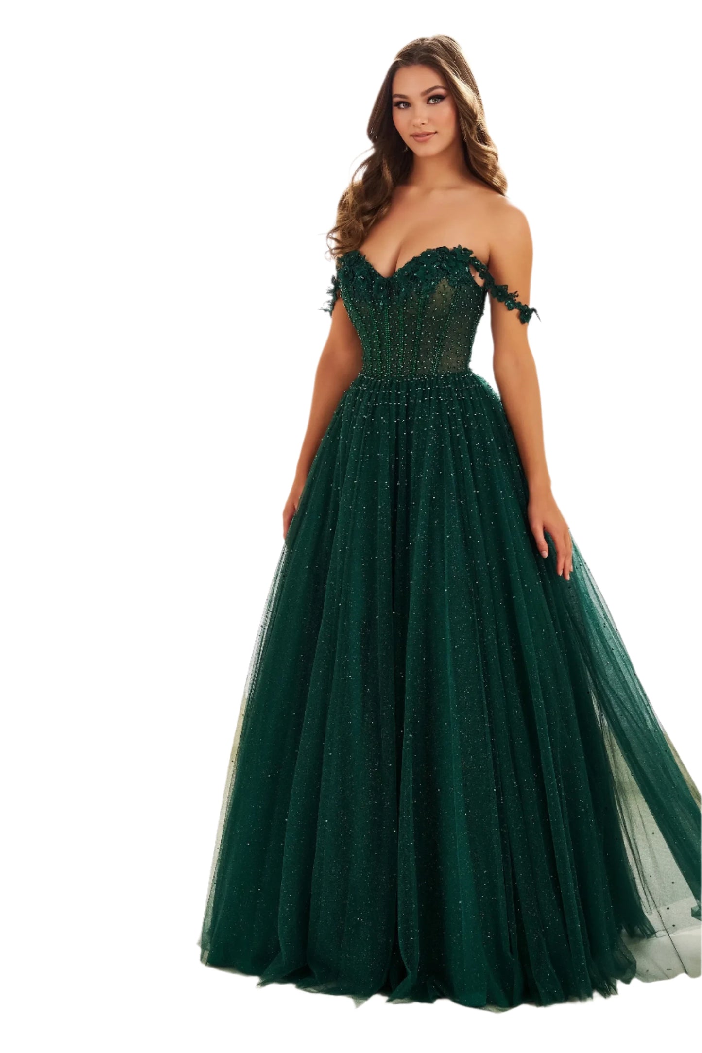 Be the belle of the ball in the Ellie Wilde EW36071 prom dress. This long A line gown features a sheer lace corset bodice and elegant off the shoulder neckline. Perfect for any formal event, this dress will make you feel confident and beautiful. Crystals scattered through tulle a line skirt.