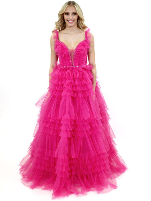 The Marc Defang 8092 Prom Dress is perfect for any ballroom. With its V neckline, long tulle layered ruffles, and sparkling crystal detail, it is sure to make you the center of attention. Its comfortable fit and luxe fabric makes it the ideal choice for a special occasion.  Sizes: 00-16  Colors: Hot Pink, Aqua, White, Royal, Red