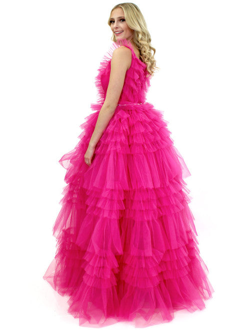 The Marc Defang 8092 Prom Dress is perfect for any ballroom. With its V neckline, long tulle layered ruffles, and sparkling crystal detail, it is sure to make you the center of attention. Its comfortable fit and luxe fabric makes it the ideal choice for a special occasion.  Sizes: 00-16  Colors: Hot Pink, Aqua, White, Royal, Red