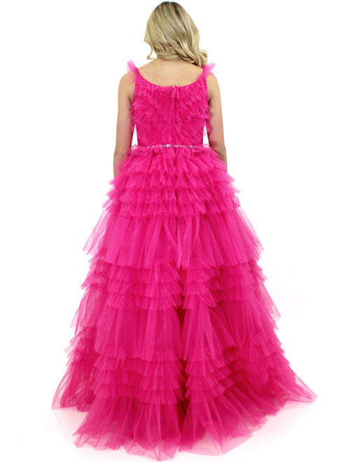 The Marc Defang 8092 Prom Dress is perfect for any ballroom. With its V neckline, long tulle layered ruffles, and sparkling crystal detail, it is sure to make you the center of attention. Its comfortable fit and luxe fabric makes it the ideal choice for a special occasion.  Sizes: 00-16  Colors: Hot Pink, Aqua, White, Royal, Red