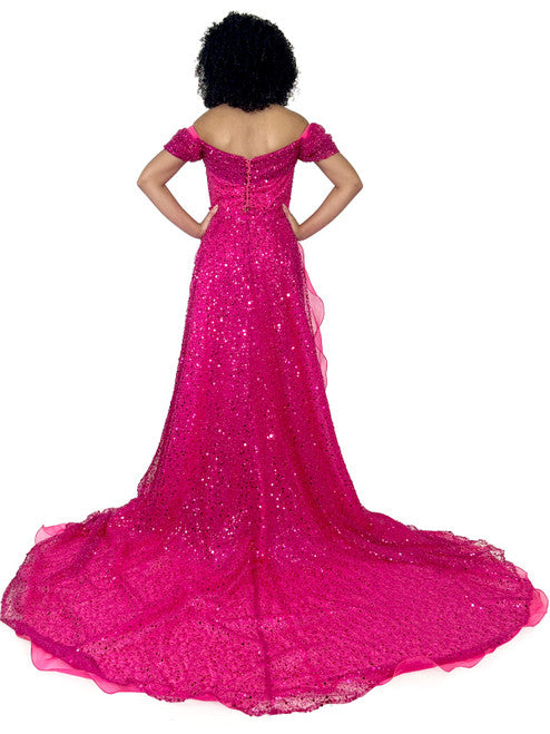 This Marc Defang 8228 dress is an elegant, fitted off-the-shoulder design, featuring a detachable overskirt and ornate pearl, sequin, and beaded detailing. It's perfect for a unique prom, pageant, or wedding look. Corset back  Sizes: 00-16  Colors: Hot Pink, White  *Allow 30 days production