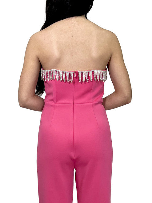 Marc Defang 8180 Long Scuba Strapless Jumpsuit Crystal Fringe Tassel Pageant Neon  Available Size:  2, 12  Available Color:  Hot Pink