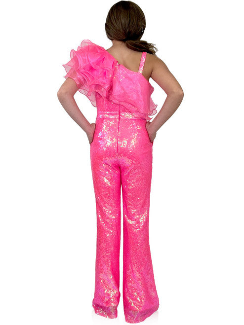 Marc Defang 5026 Girls Sequin One Shoulder Pageant Jumpsuit Ruffle Fun Fashion  Multi layer organza ruffles at neck Fully beaded jumpsuit One side off shoulder design with strap on the other side  Sparkle Iridescent colors  Center Back invisible zipper Knitted inner comfort lining Available Sizes: 4-14  Available Colors: White, Orange, Black, Royal Blue, Fuchsia