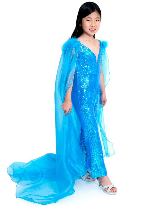 Marc Defang 8099K is a KIDS long pageant formal wear jumpsuit that is made of sequins and has off the shoulder straps.  The straps are attached to a cape with feathers at the shoulders.  Wow the crowd at your next pageant.  Available colors:  Pink, Turquoise, White, Black, Royal