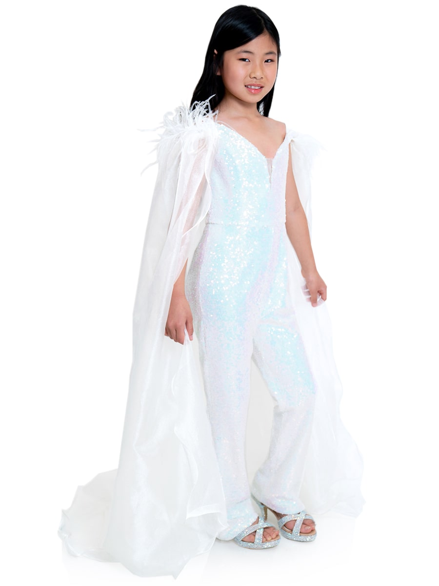 Marc Defang KIDS 8099K Size 4 Gold Pageant Jumpsuit sequins off the shoulder straps cape and feathers