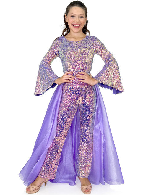 Marc Defang 8004K Sequin Bell Sleeve Pageant Jumpsuit Overskirt Fun Fashion   Price is inclusive of overskirt  Fully beaded jumpsuit Bell sleeve Option of matching overskirt Knitted inner comfort lining  Available Sizes: 4-14  Available Colors: Baby Pink, Light Purple, Light Orange, Mint