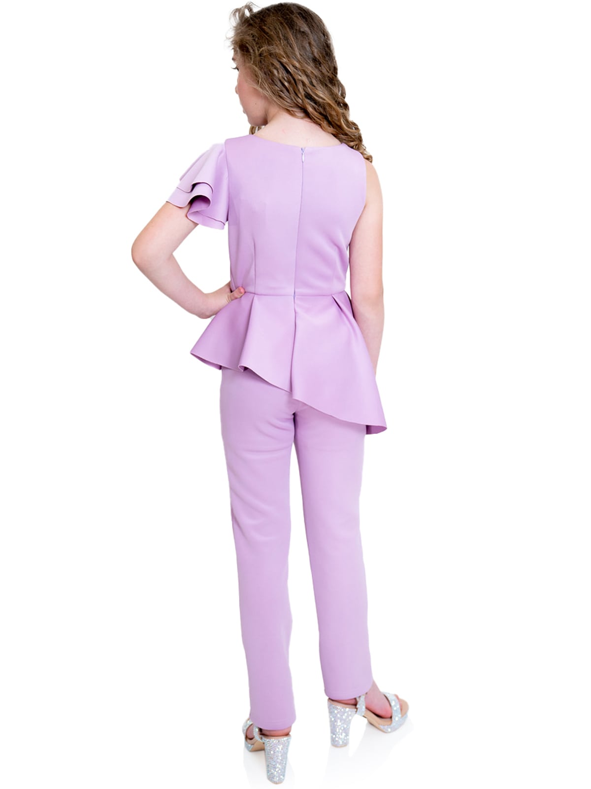 Marc Defang 8117k Size 10 Lilac girls kids pageant interview jumpsuit peplum skirt one shoulder ruffle