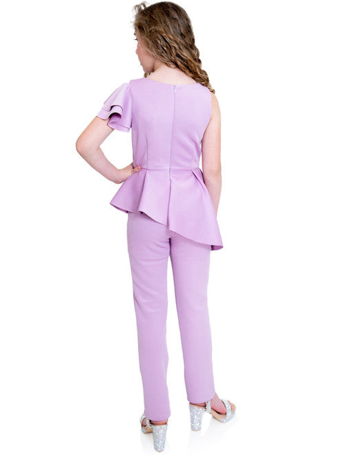 Marc Defang 8117k girls, kids pageant interview jumpsuit peplum skirt with one shoulder ruffle  Available sizes: 2-14  Available colors: Mint, Hot Pink, Red, Lilac (Check swatches for custom colors - 30-45 days)