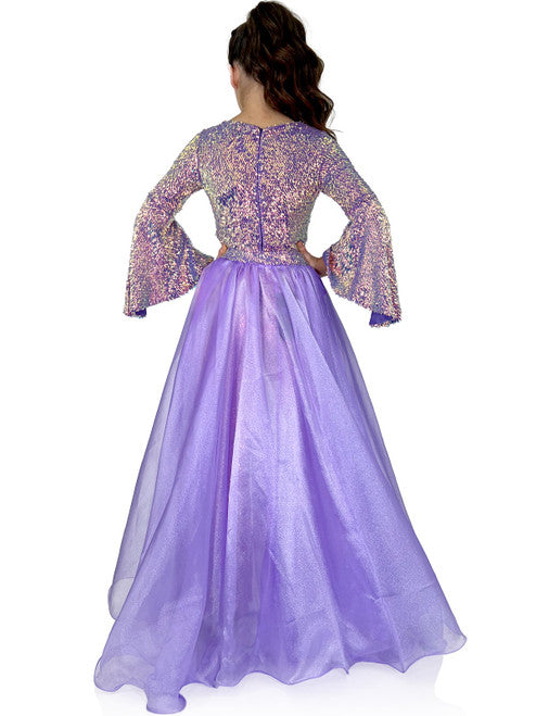 Marc Defang 8004 Sequin Bell Sleeve Pageant Jumpsuit Overskirt Fun Fashion   Price is inclusive of overskirt  Fully beaded jumpsuit Bell sleeve Option of matching overskirt Knitted inner comfort lining  Available Sizes: 6   Available Colors: Iridescent Purple