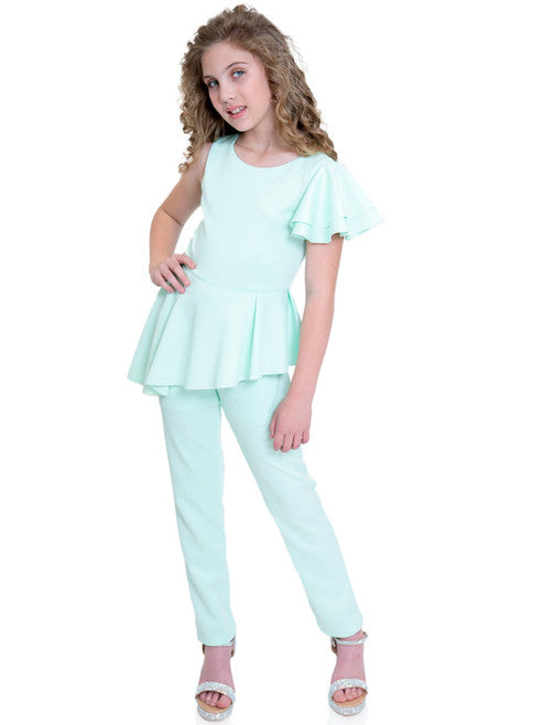 Marc Defang 8117k girls, kids pageant interview jumpsuit peplum skirt with one shoulder ruffle  Available sizes: 2-14  Available colors: Mint, Hot Pink, Red, Lilac (Check swatches for custom colors - 30-45 days)