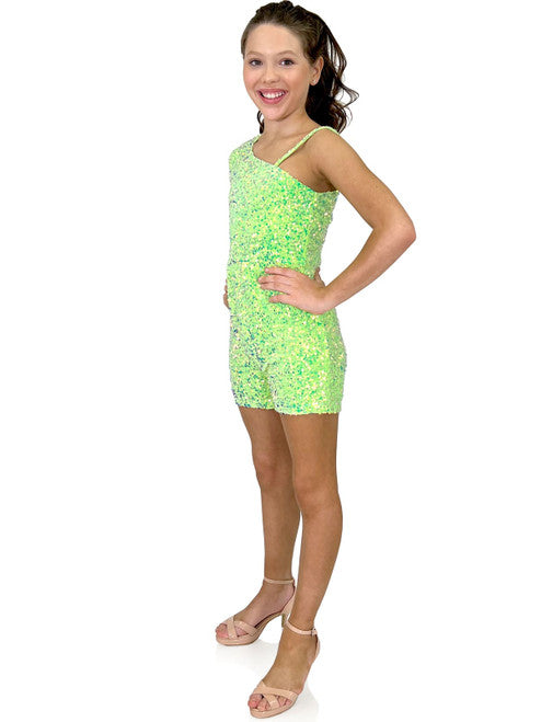 Marc Defang 8048K Neon Green Girls, Kids and Preteens Short Sequined Velvet Pageant Romper One Shoulder Long Sleeve Fun Fashion  Single shoulder sleeve Beaded Strap Fully beaded Romper Detachable Overskirt NOT INCLUDED!!! Center back invisible zipper Fully lined Please allow 25-30 Days Delivery! Additional colors Inquire from swatches.  