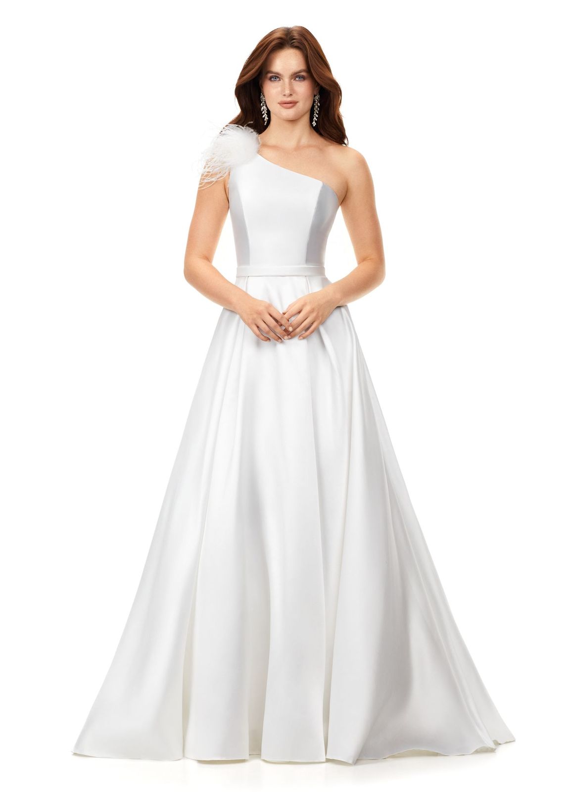 Ashley Lauren 11336 This elegant and sophiscated one shoulder ball gown is sure to make a statement at your next event. The neckline is emebellished with feather details. The a-line skirt completes the look. One Shoulder A-Line Skirt Feather Details Mikado COLORS: Turquoise, Ivory, Red