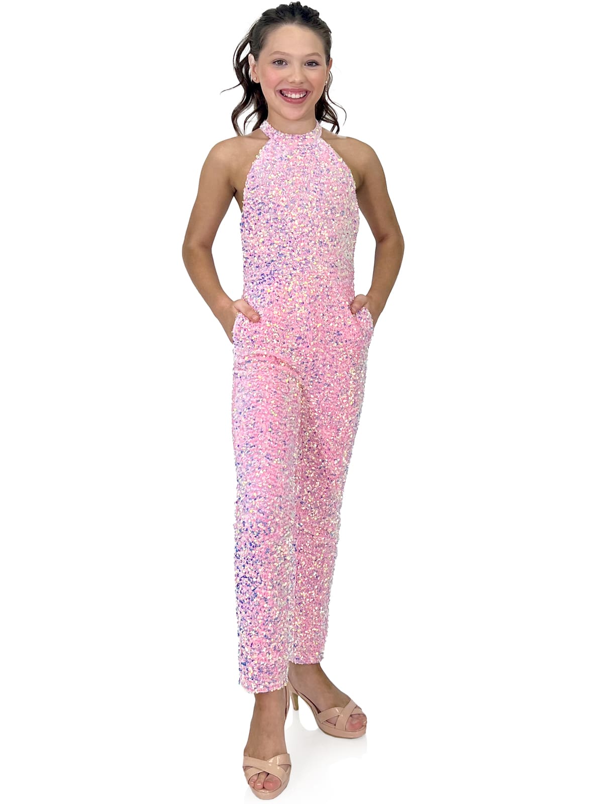 Marc Defang 5022 Size 6 Hot Pink Girls Velvet Sequin Pageant Jumpsuit Fun Fashion High Neck