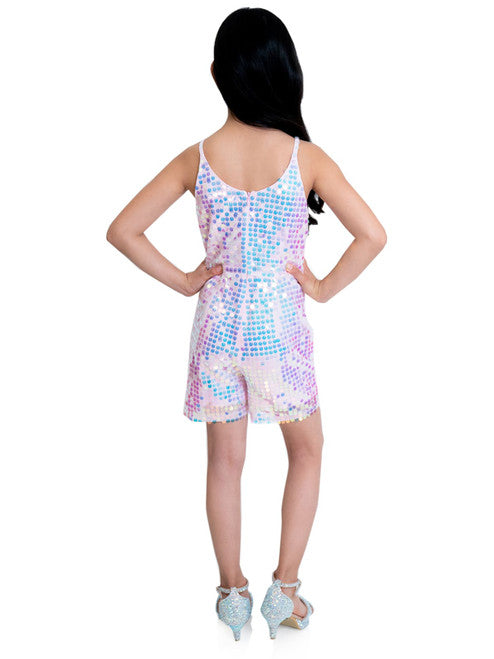 Marc Defang 5002 High Low Sequin Girls Pageant Romper Layered Detachable Overskirt   Fun fashion romper Detachable Overskirt (Price inclusive of the overskirt) Large circle shape beads, Fully beaded romper  Ruffled detachable skirt  Center back invisible zipper Lined top Available Sizes: 4-14  Available Colors: Pink