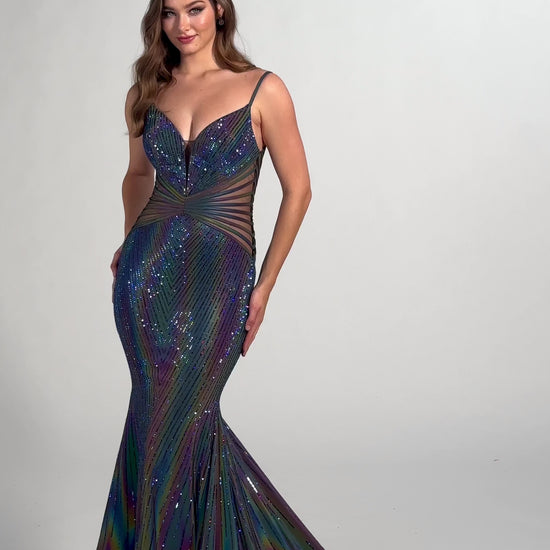 The Ellie Wilde EW35704 Prom Dress is a show-stopping style perfect for any special occasion. Featuring a long, fitted SUPERNOVA mermaid silhouette, sheer bodice with boning, this holographic gown is sure to turn heads. A unique style for a memorable night.   Sizes: 00-24  Colors: SUPERNOVA