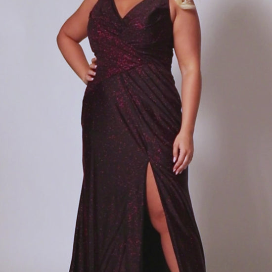 Sydneys Closet SC7376 offers a fitted plus size formal gown featuring a flattering V-neck, maxi slit skirt, and train detail for an unforgettable look. Perfect for prom or pageants. Look effortlessly elegant as a formal wedding guest or for any fancy evening that awaits you in the Late Night Sparkle plus size simple maxi dress. 