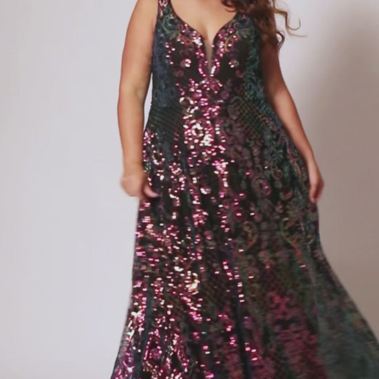 This elegant, plus size Sydneys Closet SC7367 Long Prom Dress features a V-neckline, sequins, pockets, and a long train--all crafted from a luxurious fabric for a stylish and comfortable look. Its timeless design makes it perfect for formal occasions. Make a trendy fashion statement at Prom or any formal when you wear this eye-catching plus size evening dress. 