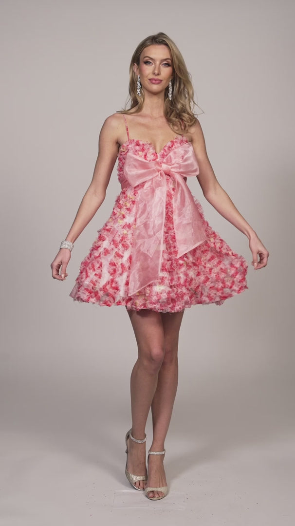 Expertly designed by Dave &amp; Johnny 11769 this short homecoming dress features a charming bow and playful ruffles, creating a flared silhouette for a fun and flirty look. Adorned with a lovely floral print, this cocktail dress is perfect for any special occasion.